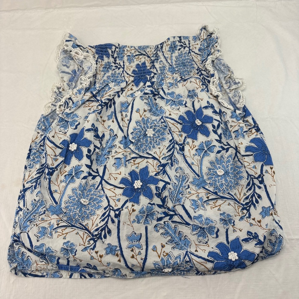 Jennifer Grace Blue Floral Cotton Block Print Smocked Ruffle Lace Blouse M - Picture 5 of 6